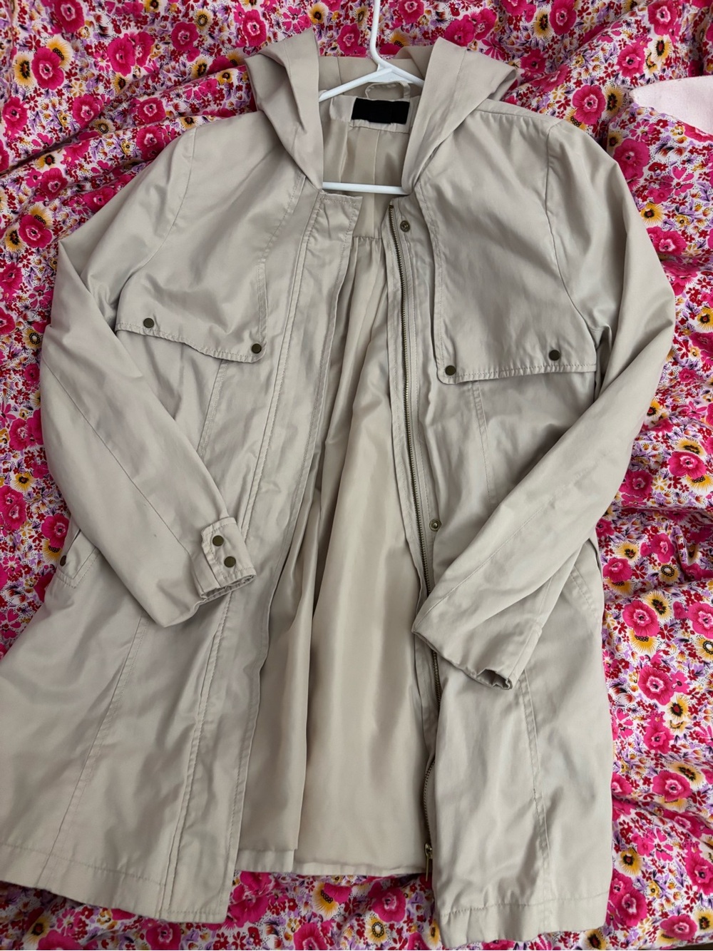 H&M Light Beige Hooded Light Zipper Trench Coat